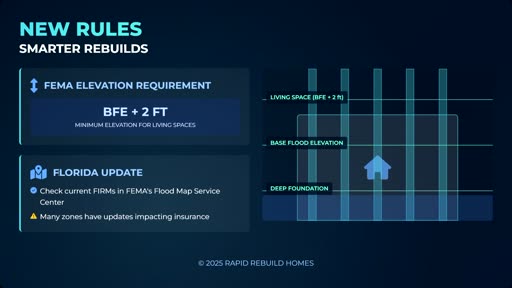 Diagram showing FEMA Base Flood Elevation plus 2 feet requirement with home elevated on deep pile foundation