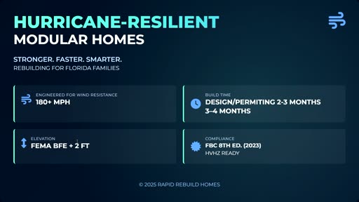 Hurricane-resilient modular home specs: 180 mph wind rating, BFE+2ft elevation, 5-7 month timeline, FBC 2023 compliant