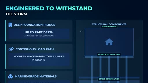 Deep foundation pilings up to 25 feet showing continuous load path and marine grade materials