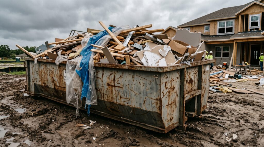 A large construction dumpster overflowing with wasted lumber, drywall, and debris sitting in the mud at a traditional residential building site.