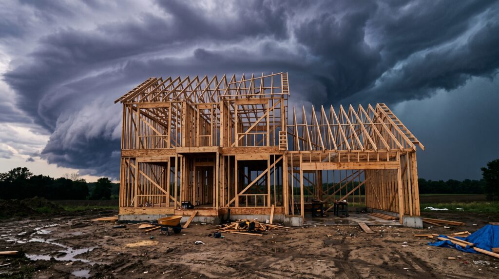Incomplete wooden framing of a traditional site-built home exposed to threatening dark thunderstorm clouds and severe weather.