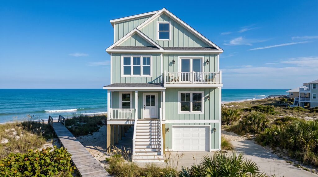 Luxury elevated modular home at sunset on the Florida coast.