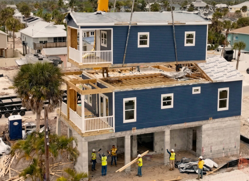 Crane lowering a heavy-gauge framed volumetric modular home section onto a coastal foundation.