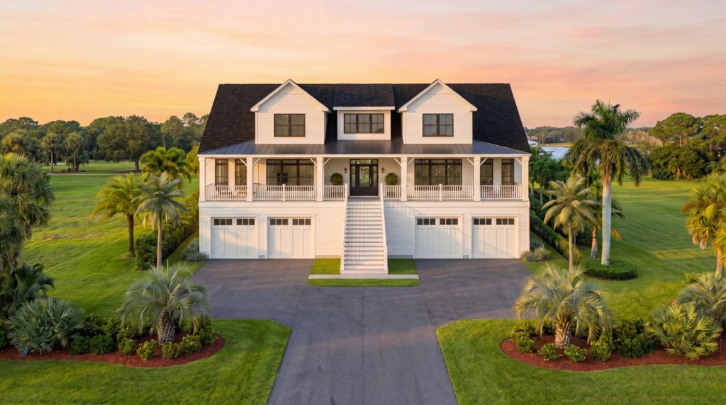 Modern precision-built elevated coastal home designed to withstand storms in Tampa Bay, Florida.