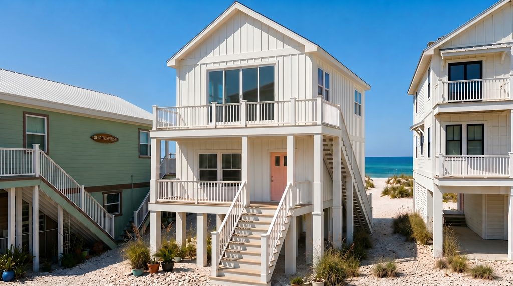 A two-story coastal elevated home designed for a narrow 25-foot lot.